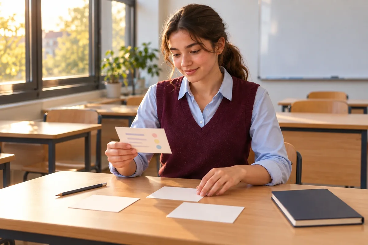 Une lycéenne organise des cartes de repères vierges et une fiche colorée sur une table de classe.