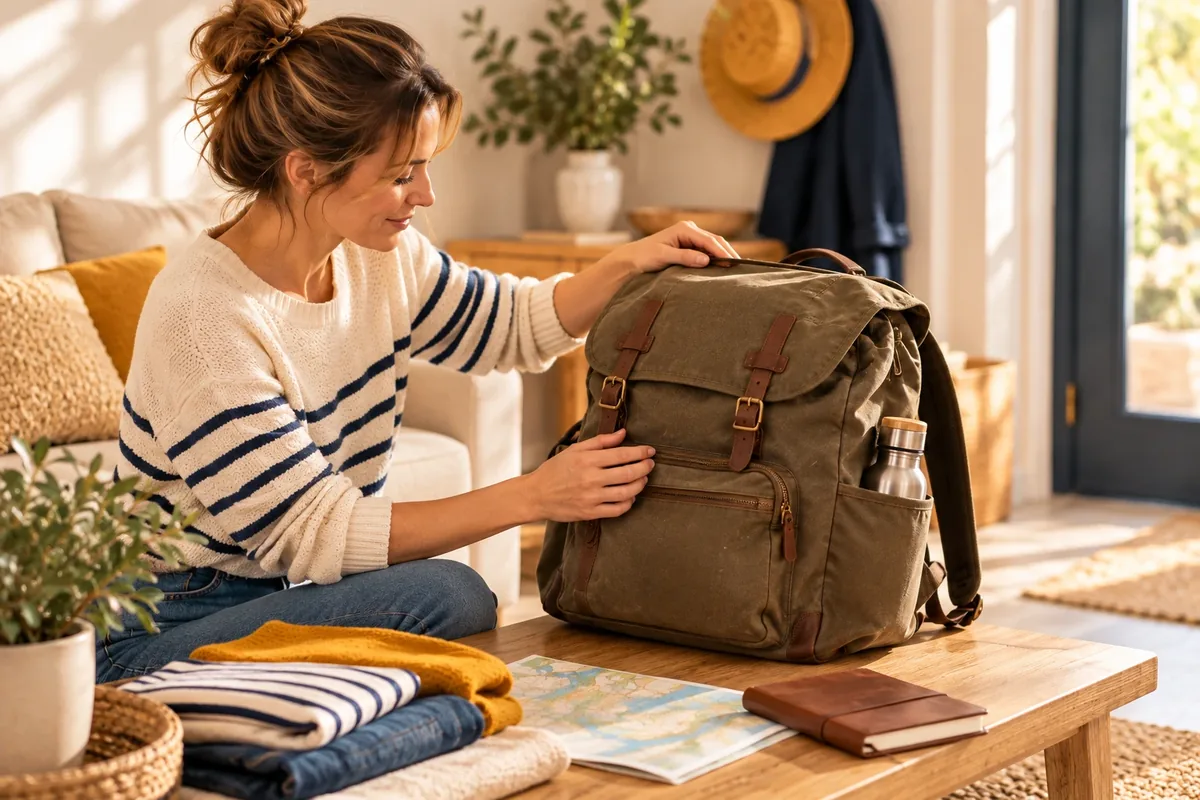 Un sac à dos de voyage rempli posé sur une table en bois, prêt à être mesuré avant un départ.