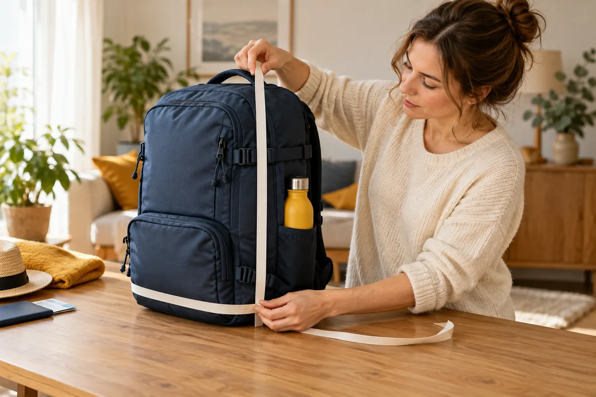 Une femme mesure un sac à dos cabine rempli sur une table avec un ruban sans graduations.