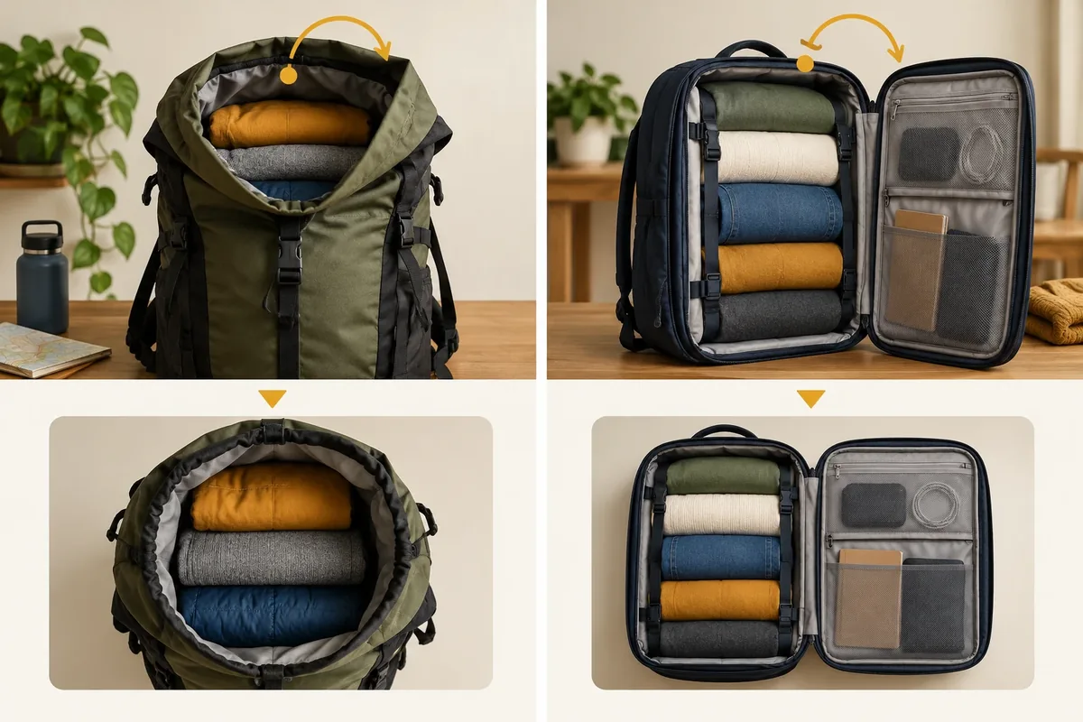 Comparaison schématique entre un sac à chargement par le haut et un sac à ouverture en panneau.