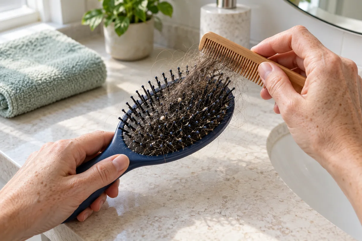Deux mains retirent au peigne une nappe de cheveux prise dans les picots d’une brosse bleu nuit.