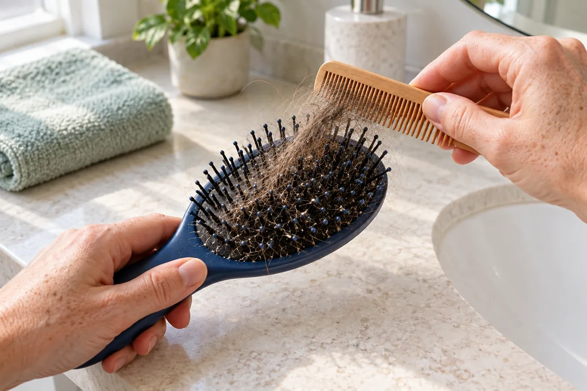 Deux mains soulèvent progressivement des cheveux secs avec un peigne fin dans une brosse bleu nuit.