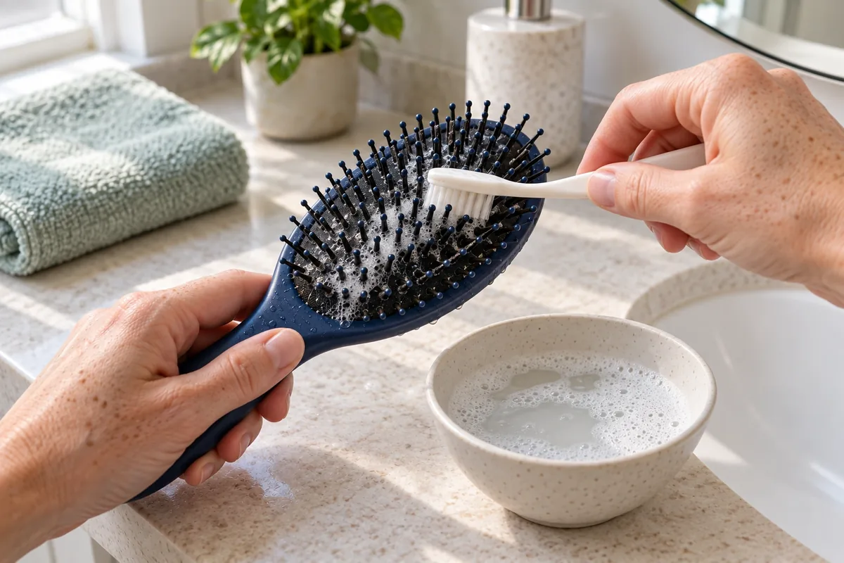 Une main nettoie les picots d’une brosse en plastique avec une petite brosse et une mousse légère.