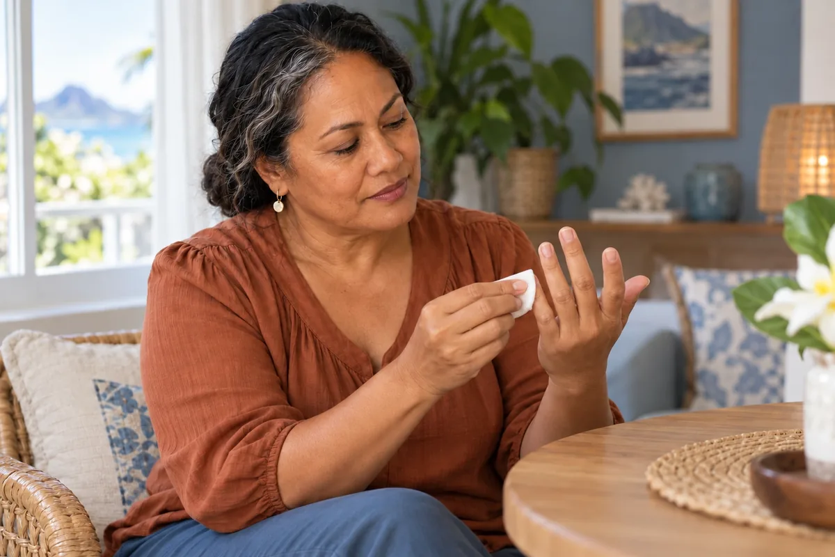 Une femme nettoie un ongle nu avec un carré de coton blanc avant de laisser sa main sécher.