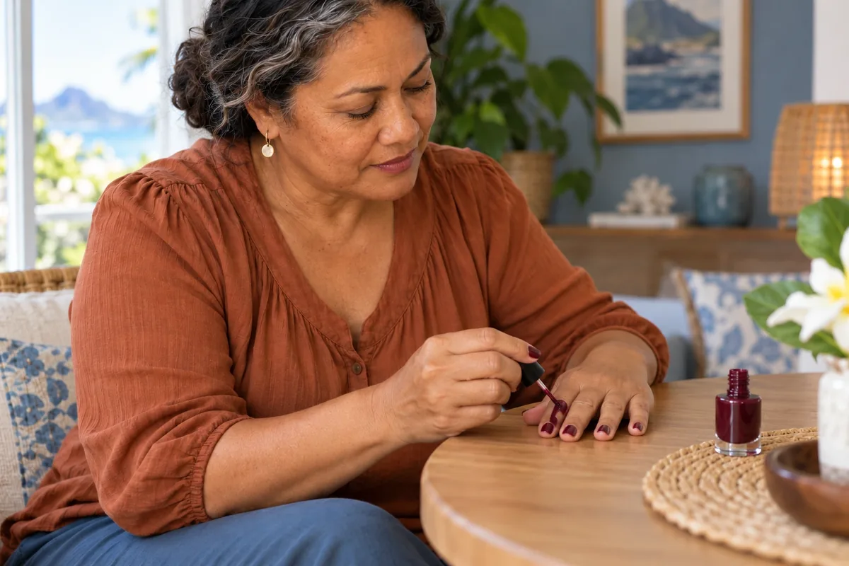 Une femme applique une fine couche de vernis bordeaux sur un ongle, la main posée à plat sur la table.