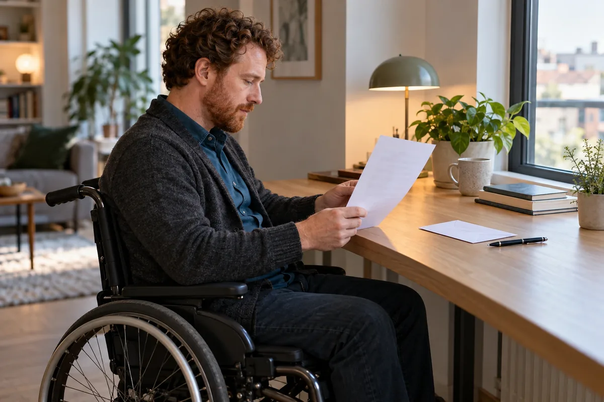 Un homme en fauteuil roulant relit une lettre floue à son bureau, une enveloppe vierge à côté.