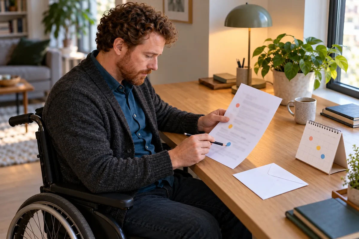 Un homme en fauteuil relit méthodiquement une lettre floue avec une enveloppe et un calendrier sans texte.