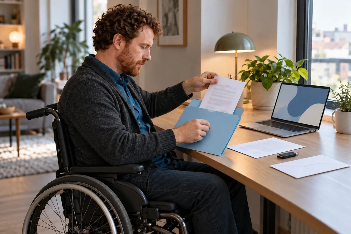 Un homme en fauteuil range une copie de lettre dans une pochette, près d’un ordinateur à écran abstrait.