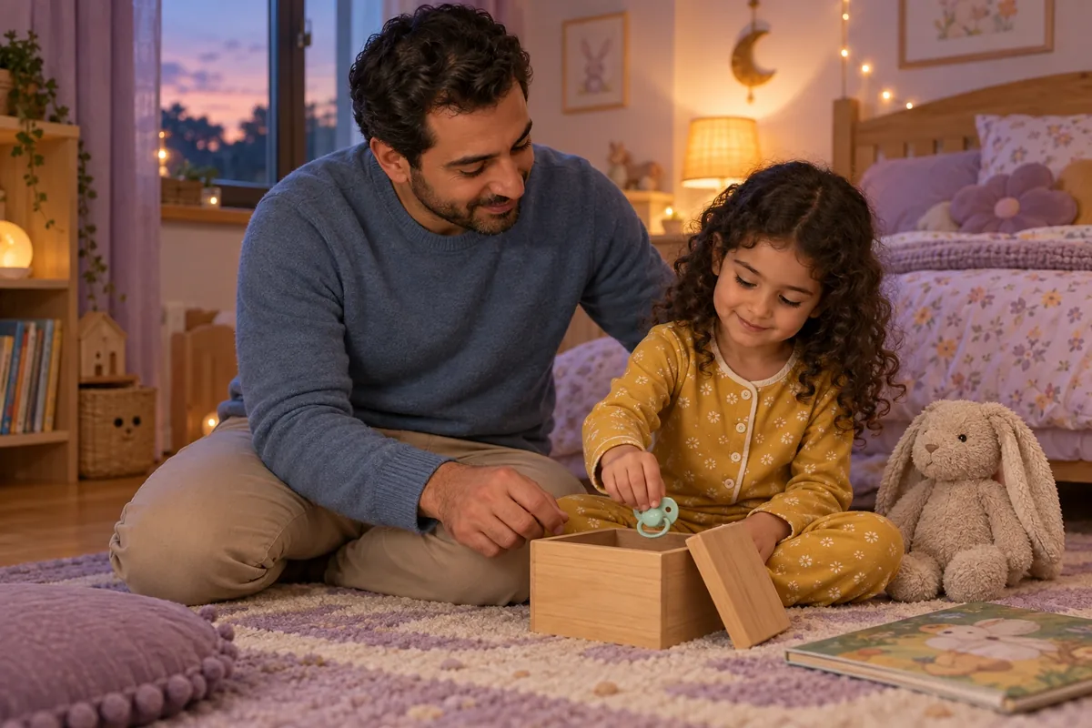 Un père accompagne sa fille qui dépose une tétine verte dans une petite boîte en bois.