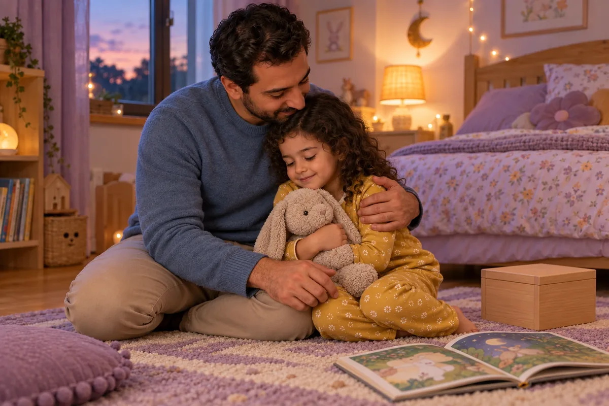 Un père serre doucement sa fille qui tient un lapin en peluche, près d’une boîte fermée.