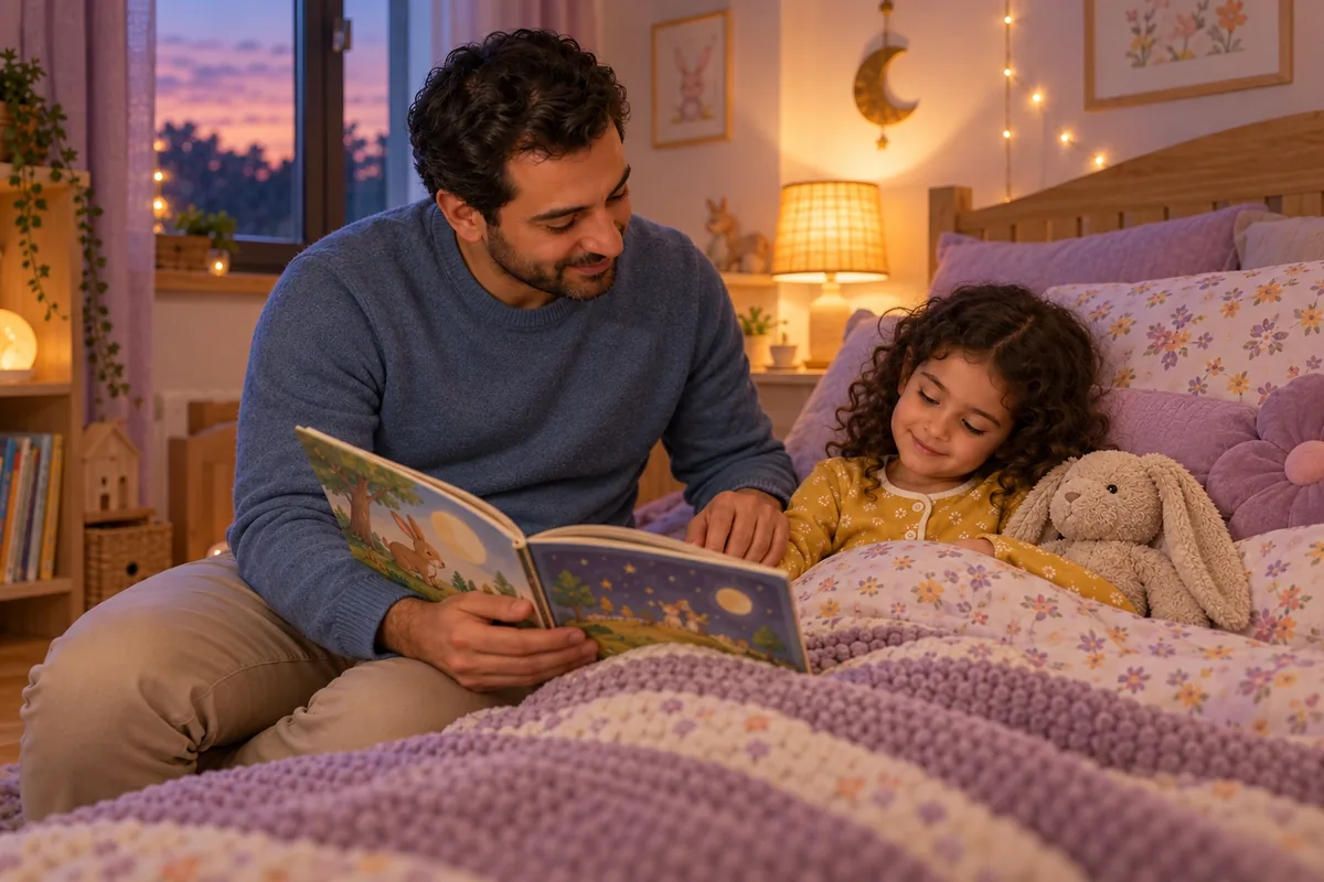 Un père lit une histoire illustrée à sa fille couchée avec son lapin en peluche sous la lampe.