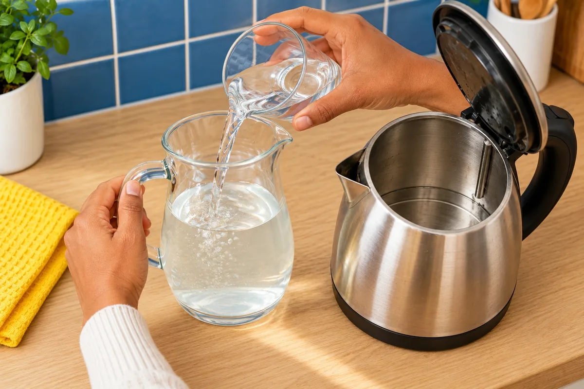 Deux mains versent un petit verre de liquide clair dans une carafe d’eau près de la bouilloire.