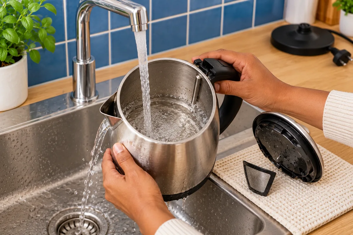 Deux mains rincent à l’eau claire une bouilloire ouverte, avec le couvercle et le filtre à côté.