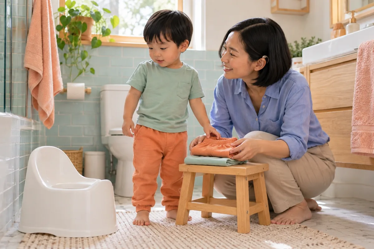 Une mère prépare un pantalon élastique et une tenue pliée sur un tabouret près du pot blanc.