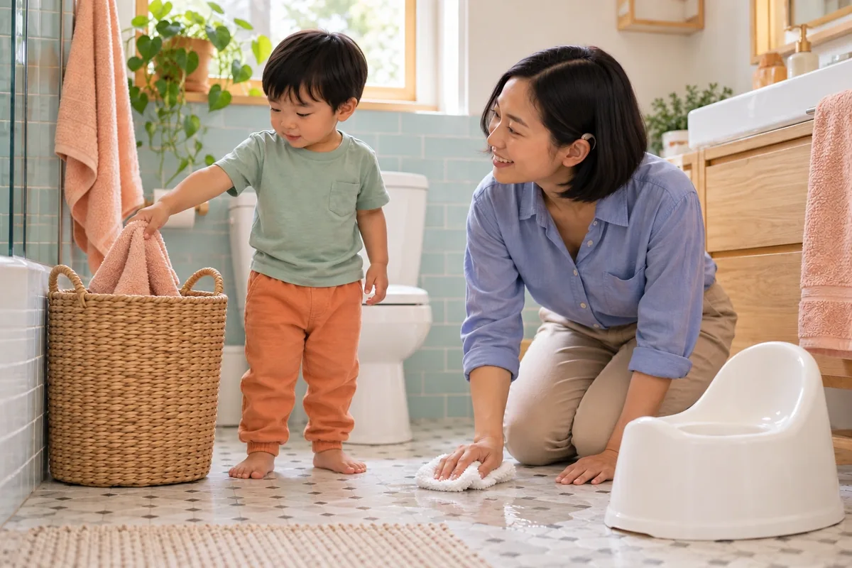 Une mère essuie calmement une petite flaque claire pendant que son fils range une serviette.