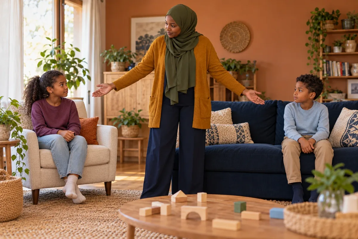 Une mère indique calmement deux espaces distincts à sa fille assise au fauteuil et son fils au canapé.