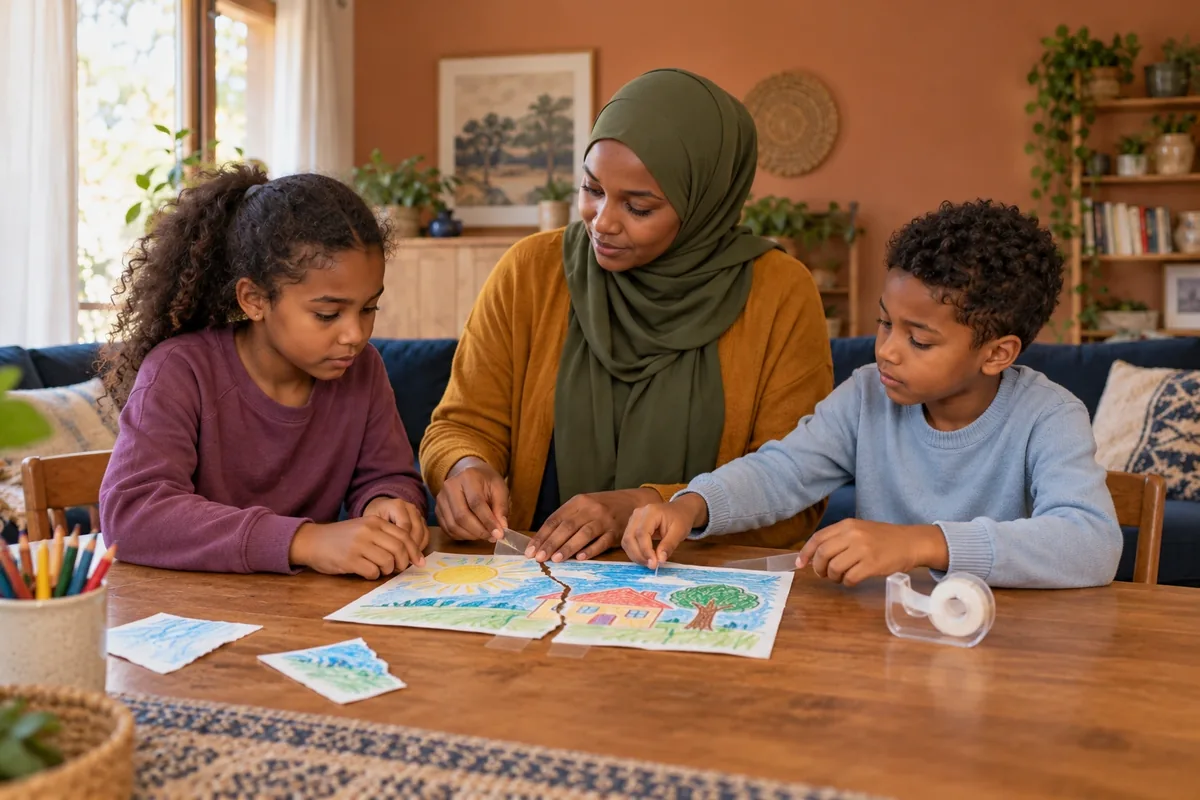 Deux enfants rapprochent les morceaux d’un dessin déchiré avec du ruban, guidés par leur mère.