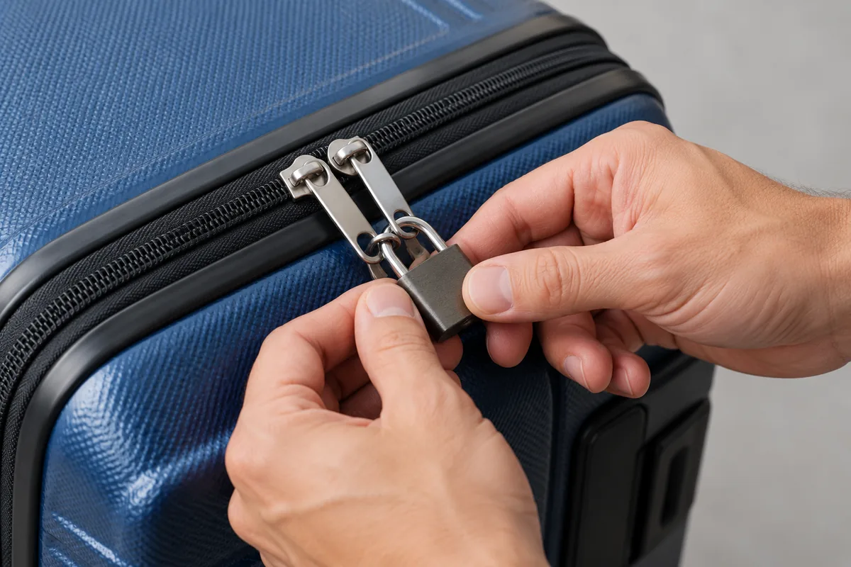 Des mains ferment un petit cadenas métallique passé dans les deux tirettes de la fermeture éclair d'une valise rigide bleue.