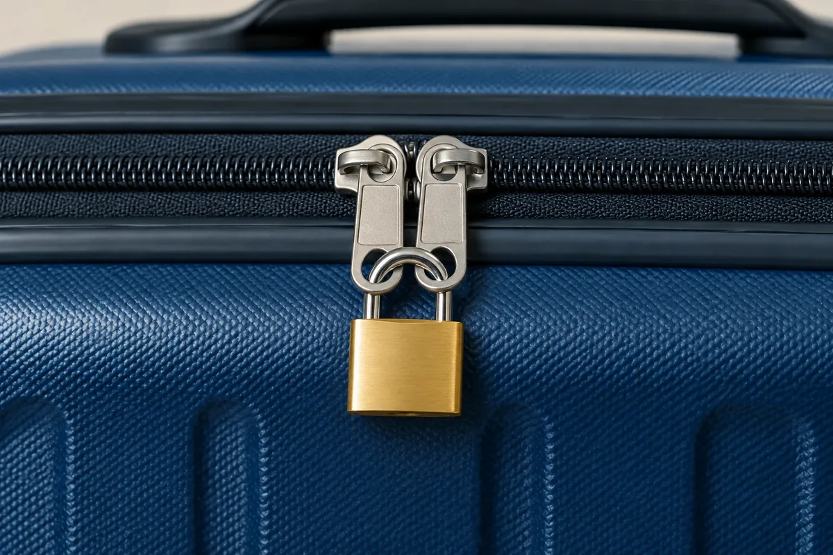 Cadenas en laiton passé dans les anneaux des deux curseurs de la fermeture éclair d'une valise rigide bleue
