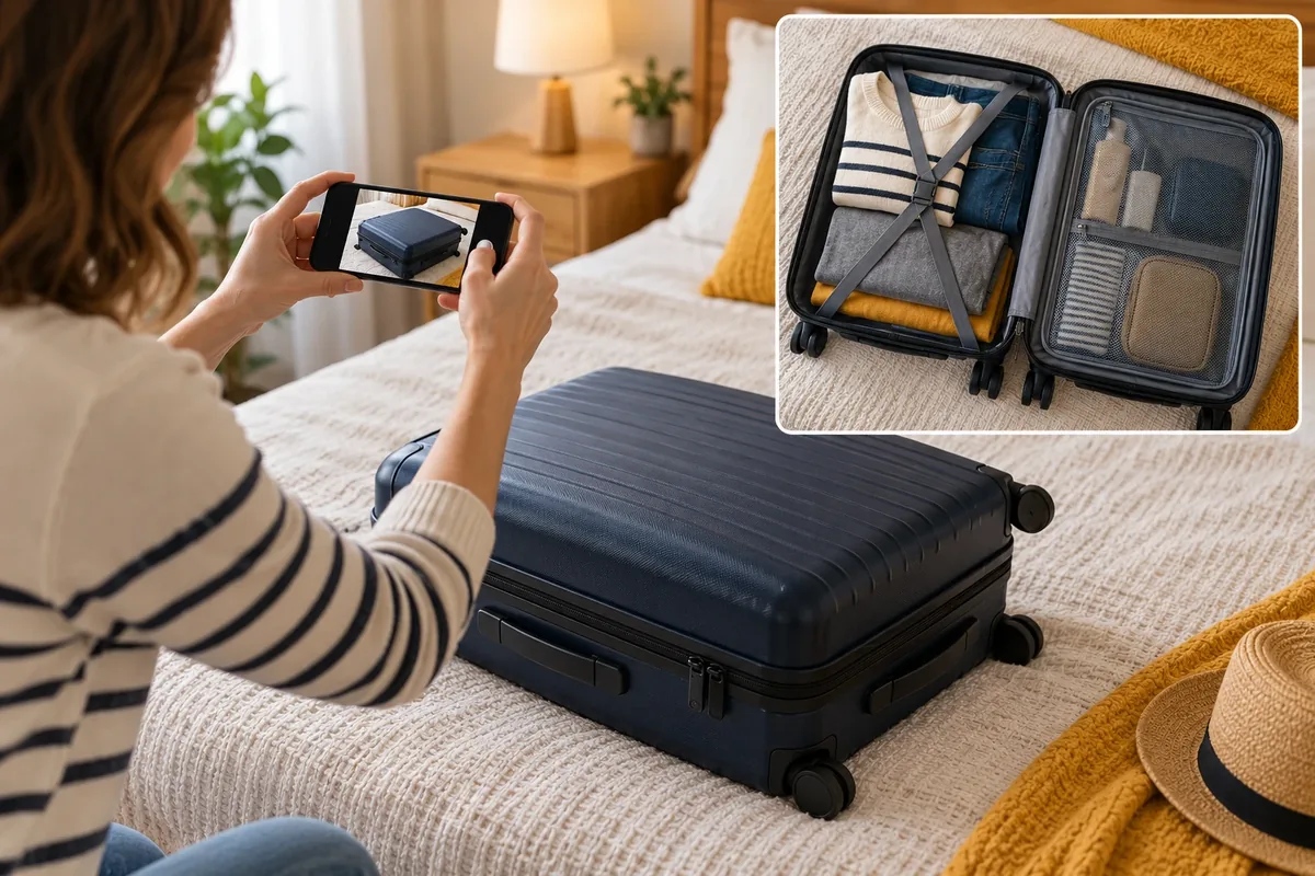 Une personne photographie sa valise fermée avant de l'enregistrer.