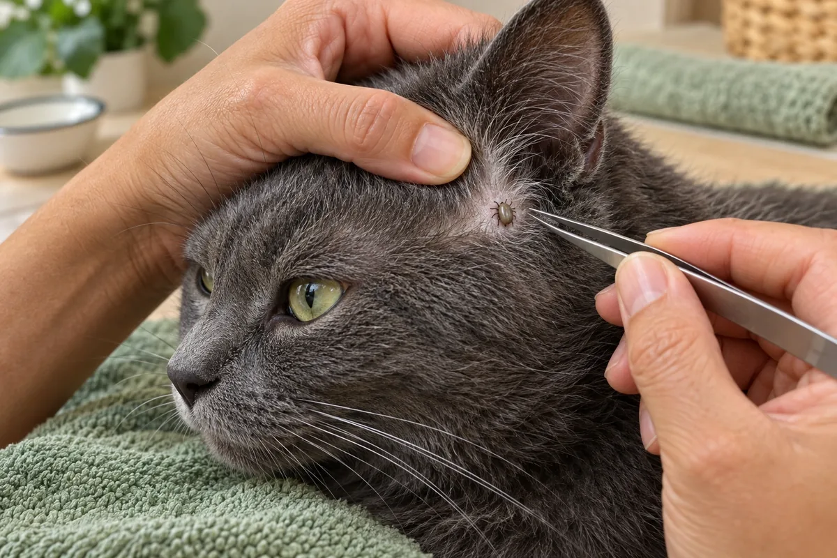 Deux mains écartent le pelage gris d’un chat et approchent une pince fine d’une tique fixée.