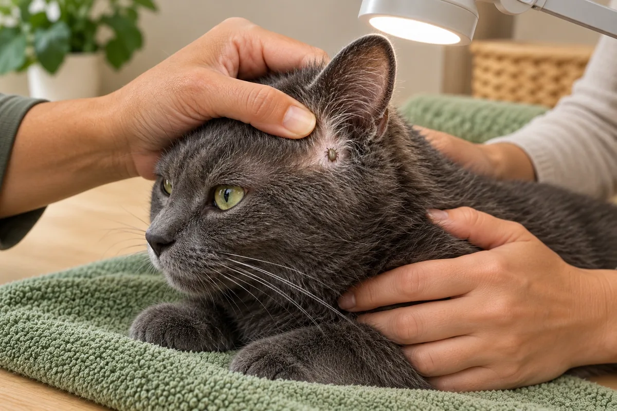 Sous une lampe, une main écarte le pelage du chat tandis que deux autres le soutiennent doucement.