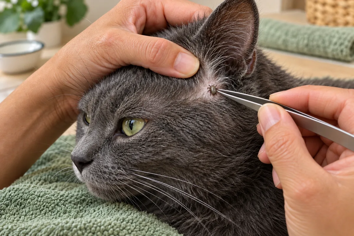 Une pince fine saisit une tique au ras de la peau pendant qu’une main maintient les poils écartés.