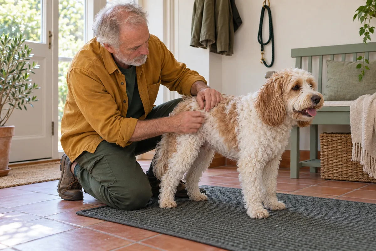 Un homme agenouillé inspecte le flanc de son chien blanc et abricot debout sur un tapis.