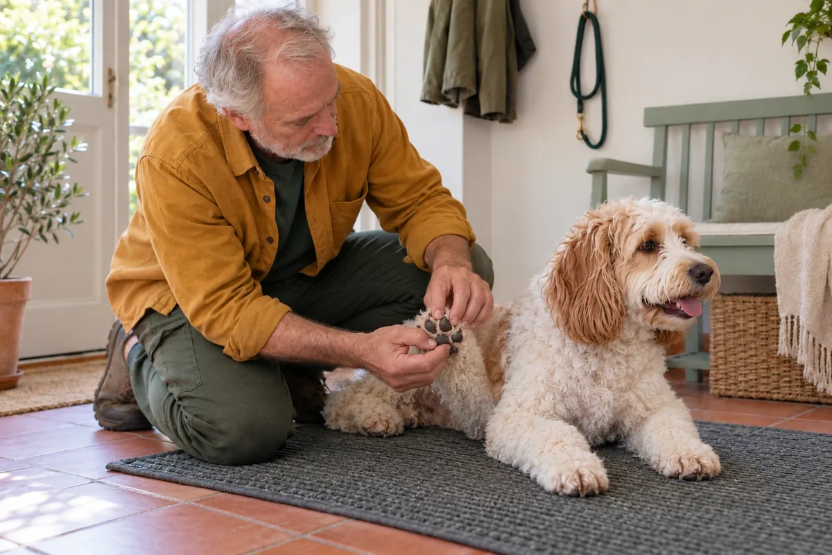 Un homme sépare doucement les doigts d’une patte avant de son chien couché sur un tapis sombre.