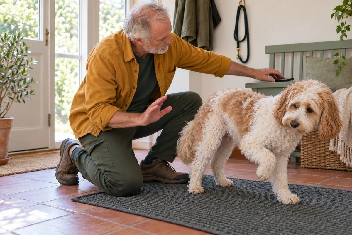 Le chien retire une patte tandis que l’homme lève une main ouverte et saisit un téléphone de l’autre.