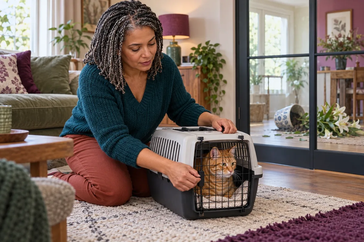 Une femme ferme la caisse de son chat roux, loin d’un pot de lys renversé derrière une porte vitrée.