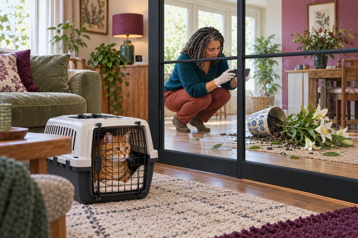 Gantée, une femme photographie un lys renversé isolé derrière une porte vitrée, le chat en caisse au loin.