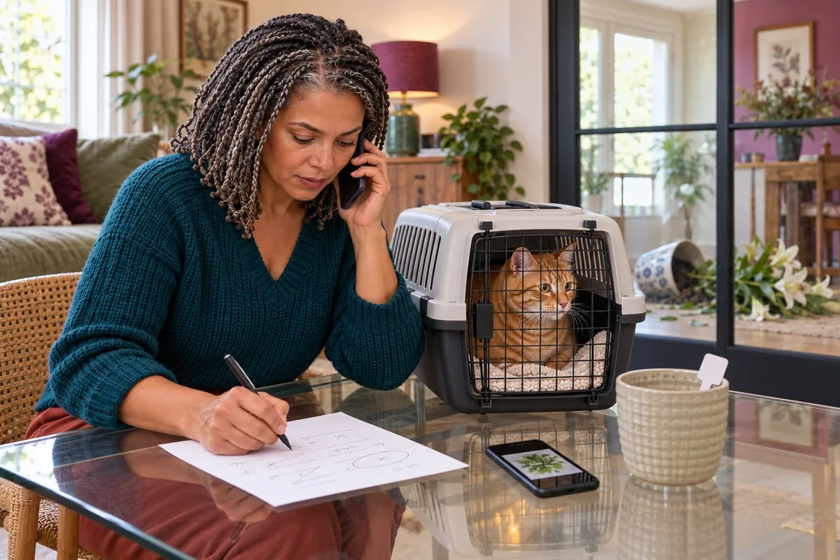 Une femme téléphone tout en notant des informations, près de son chat roux installé dans une caisse fermée.