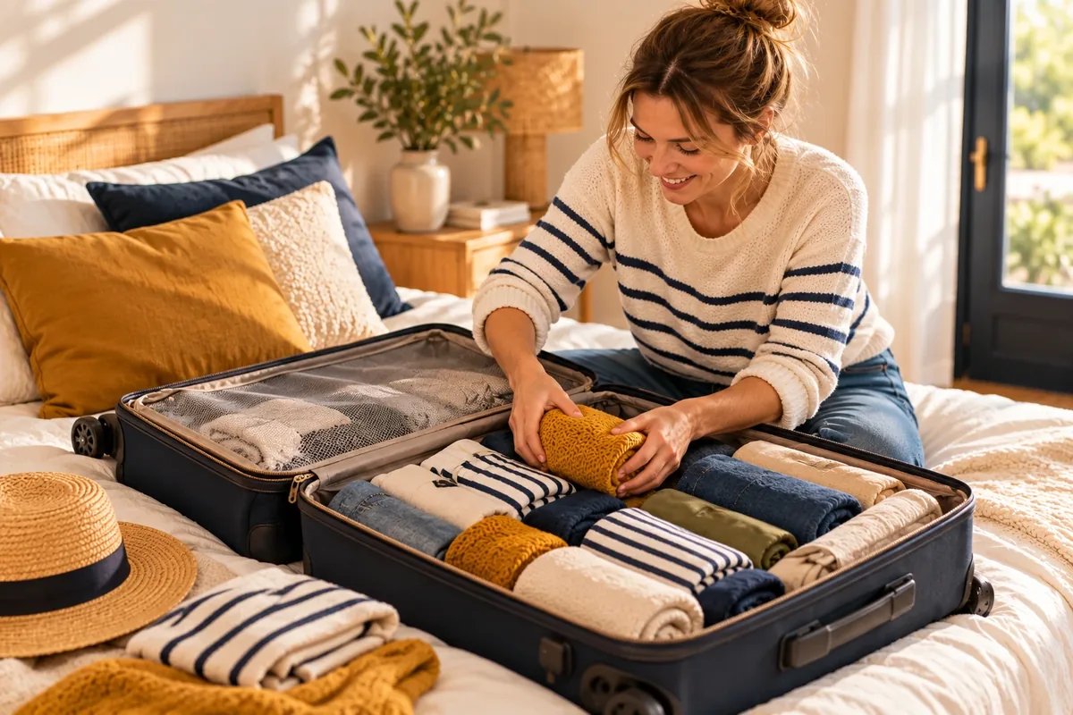 Une valise ouverte remplie de vêtements roulés et rangés.