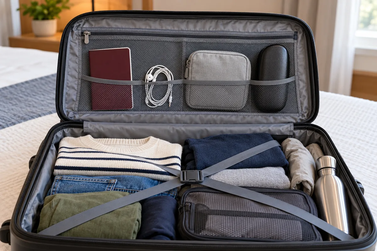 Valise ouverte : passeport, écouteurs, trousse et étui rangés dans la poche filet du couvercle, vêtements roulés sanglés dessous.