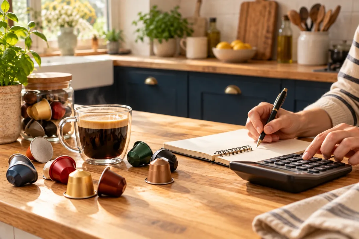 Tasse de café et capsules sur un plan de travail, à côté d'un carnet de calcul