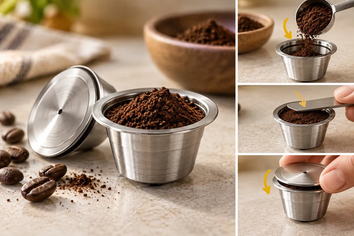 Capsule rechargeable en acier inoxydable remplie de café moulu