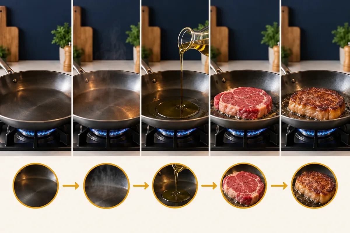 Séquence illustrant l'ordre des gestes pour éviter que les aliments attachent
