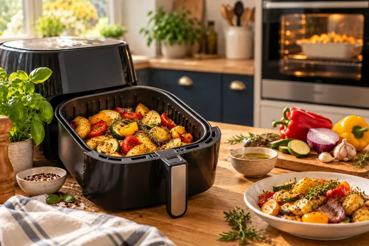 Air fryer ouvert avec des légumes dorés, four en arrière-plan