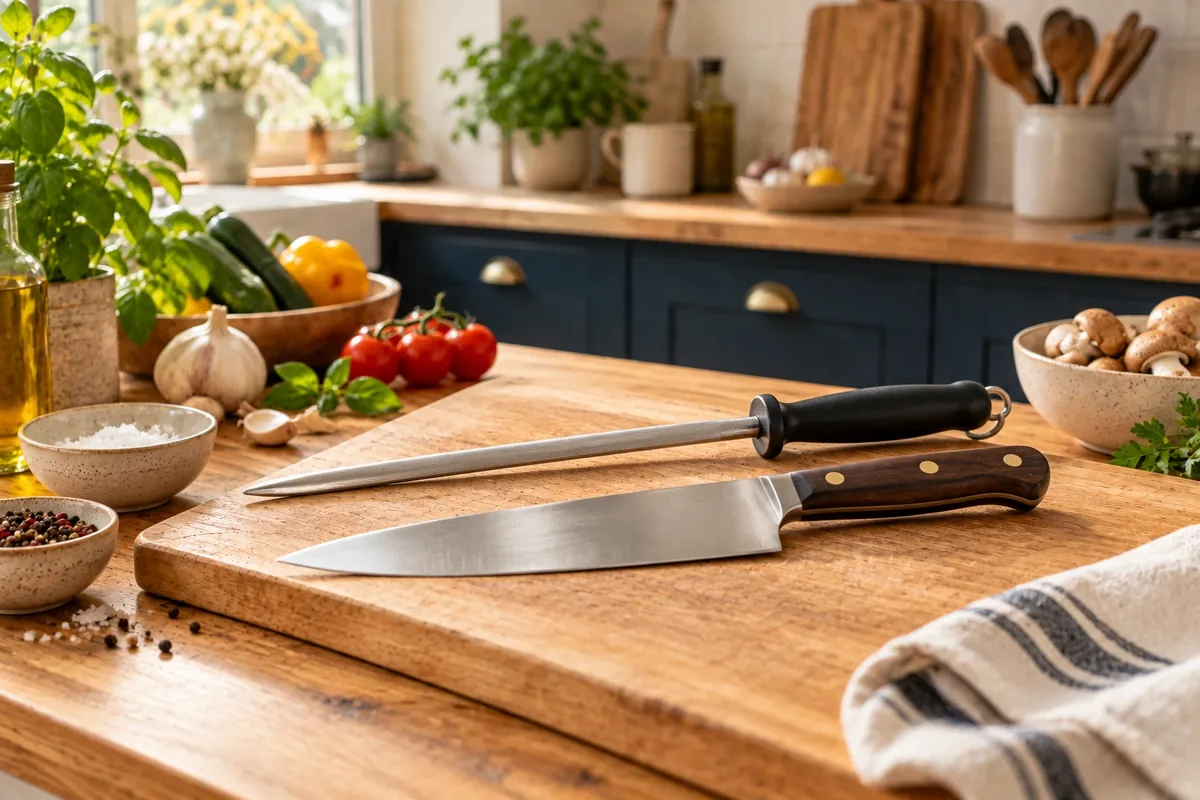 Couteau de cuisine et fusil à aiguiser sur une planche en bois