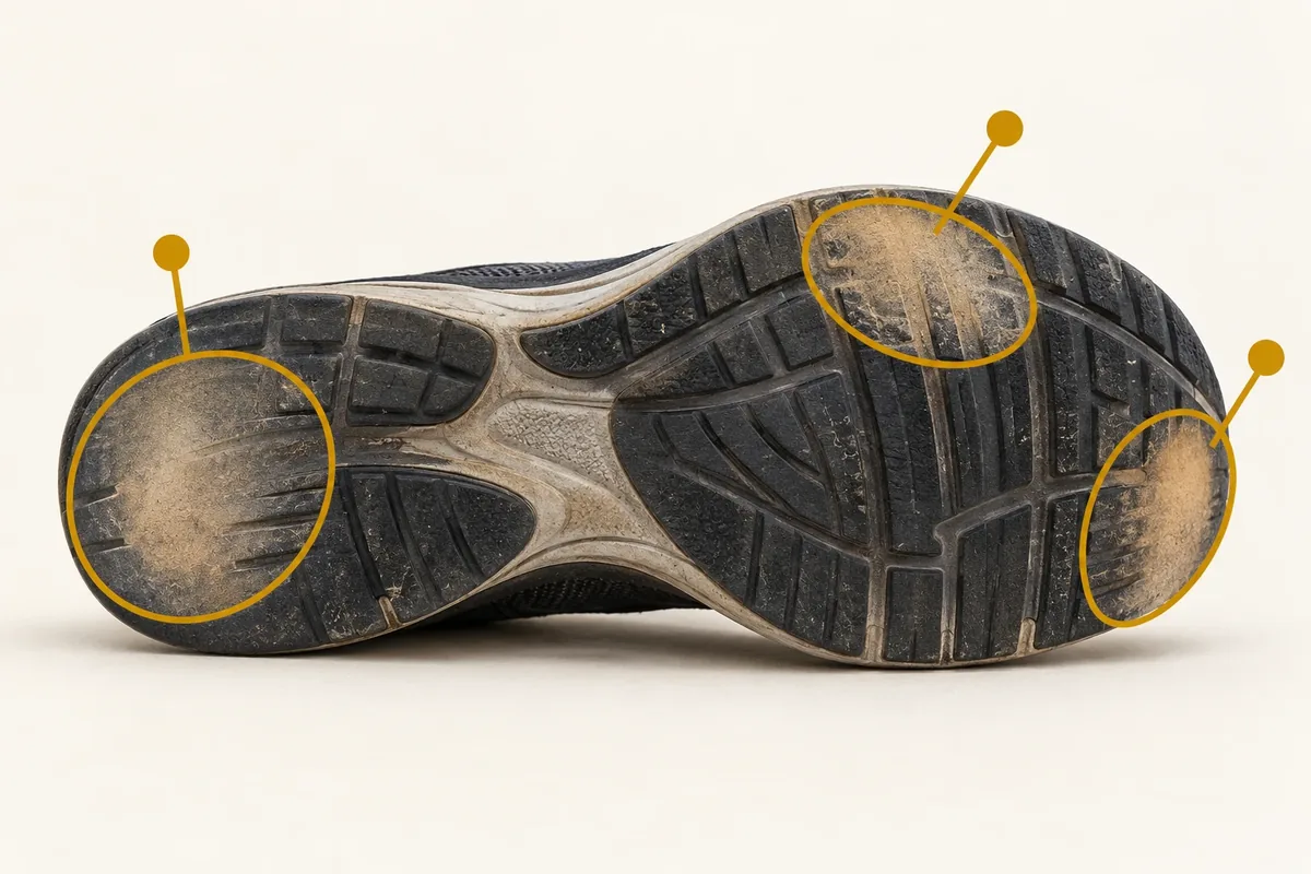 Semelle de chaussure vue de dessous avec les zones d'usure repérées