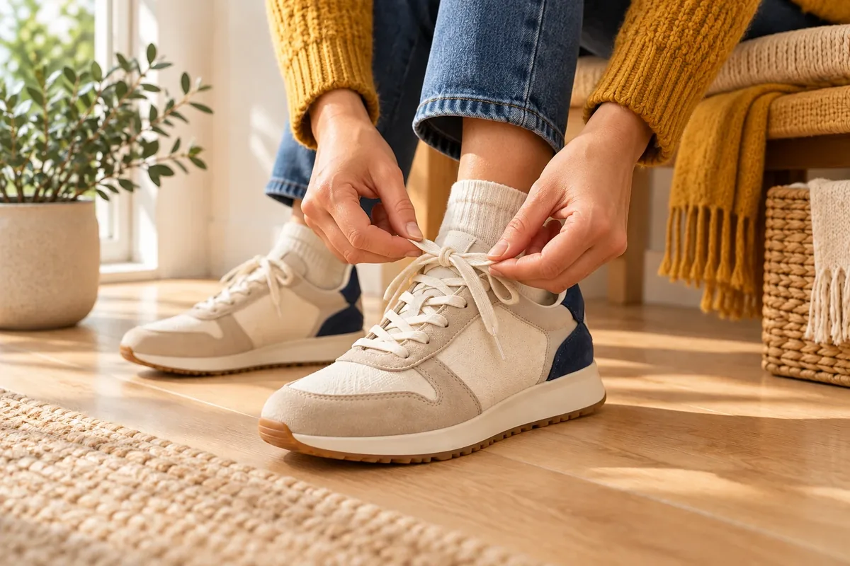 Mains en train de lacer une chaussure