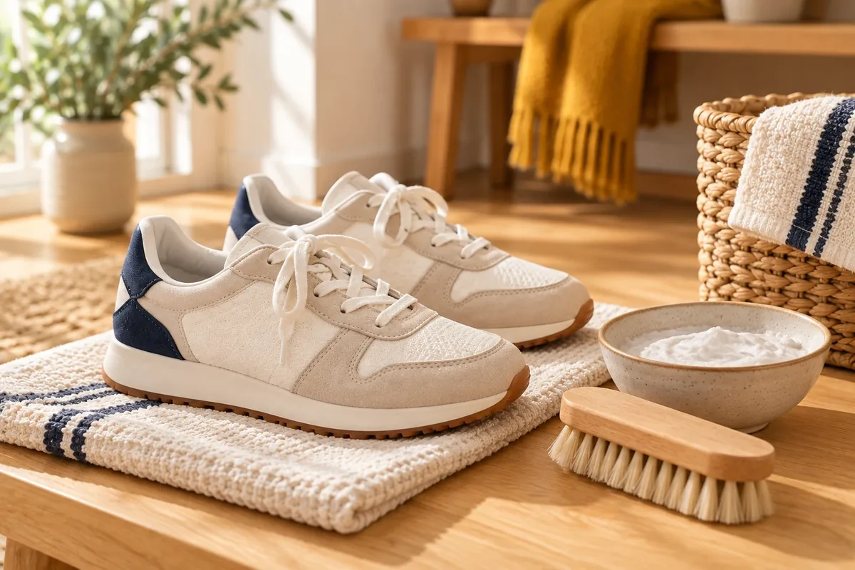 Basket blanche avec une brosse de nettoyage à côté
