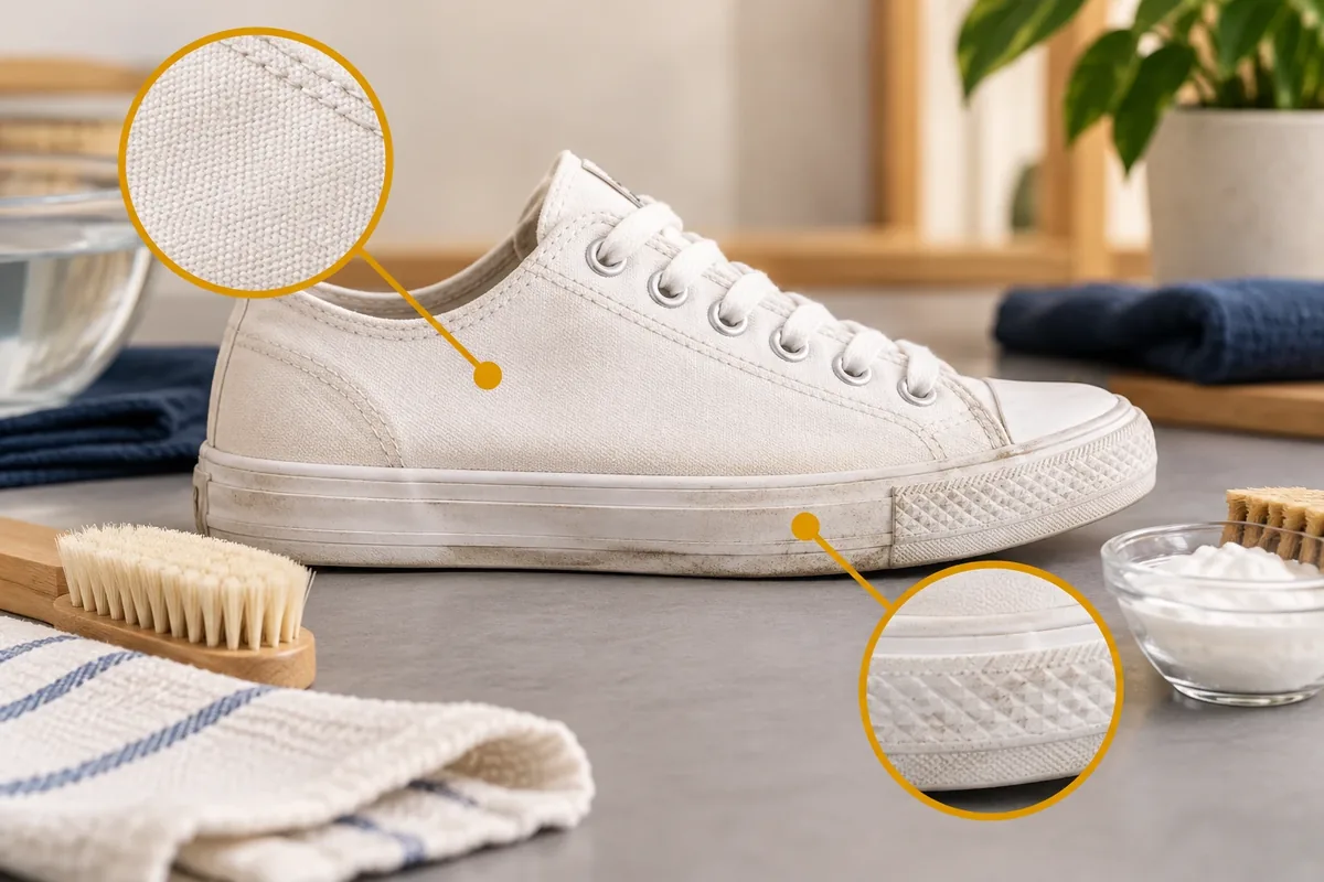 Basket blanche avec la toile et la semelle identifiées comme deux zones de nettoyage distinctes