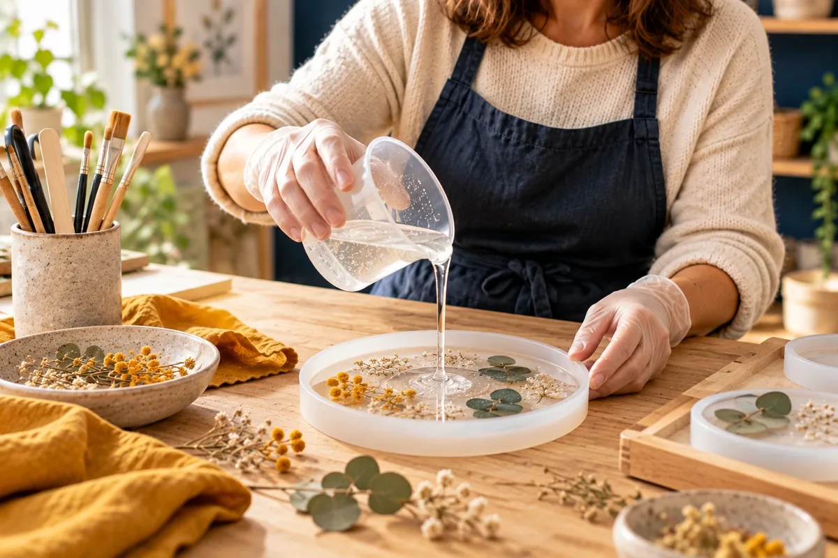 Coulée de résine époxy transparente dans un moule sur une table d'atelier
