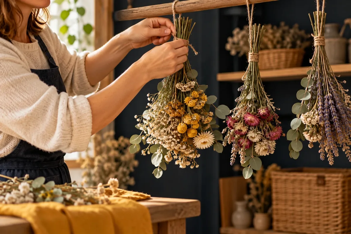Bouquet de fleurs suspendu tête en bas pour séchage dans une pièce sombre