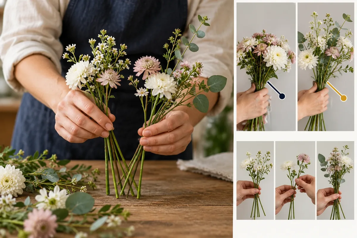 Montage montrant des mains séparant des tiges de fleurs en plusieurs petits bouquets aérés