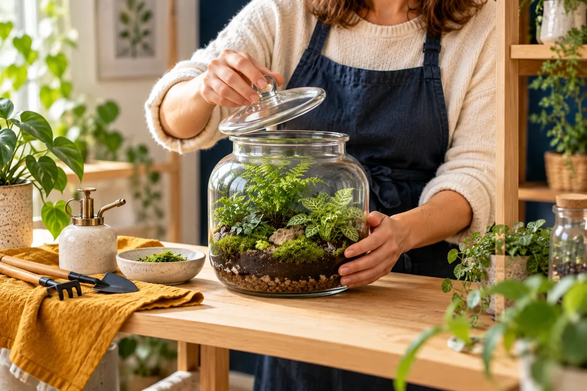 Terrarium en verre avec mousses et fougères sur une étagère en bois