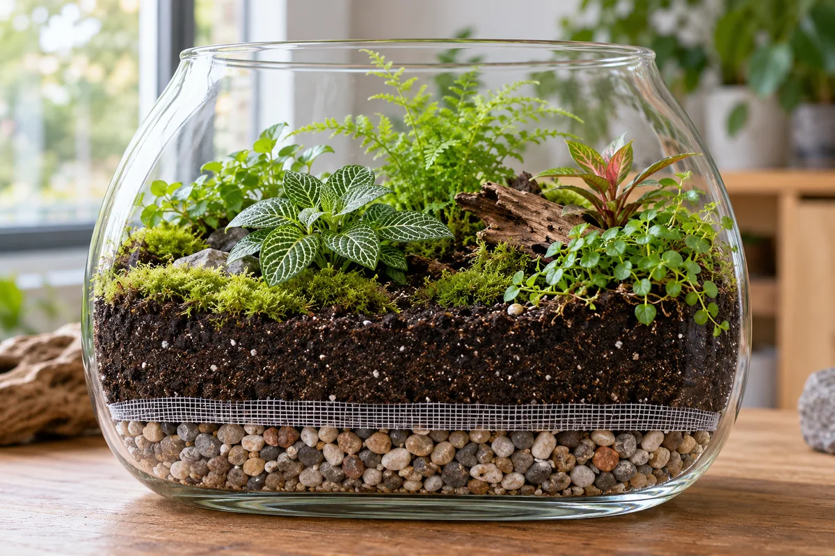 Terrarium en verre vu de côté : couche de graviers au fond, séparée du terreau par une toile, sous des plantes et de la mousse.