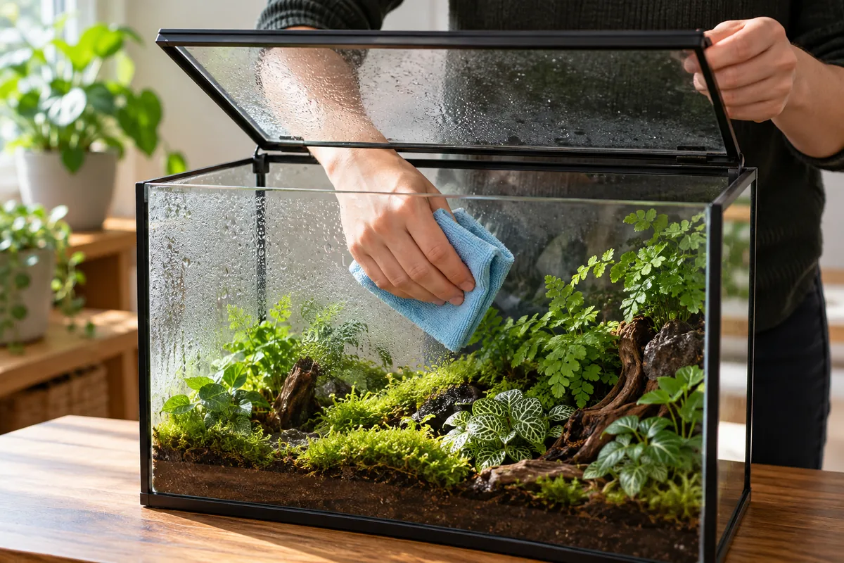 Une main passe par le couvercle ouvert d’un terrarium planté pour essuyer la buée sur l’intérieur de la vitre.